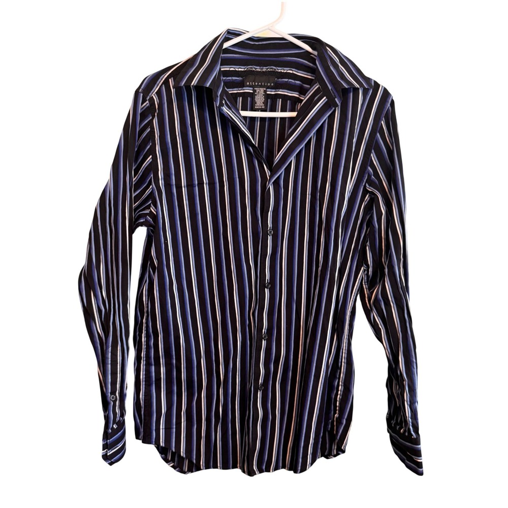 Attention Mens Medium Striped Button Down Shirt Black Blue White‎ Long Sleeve M